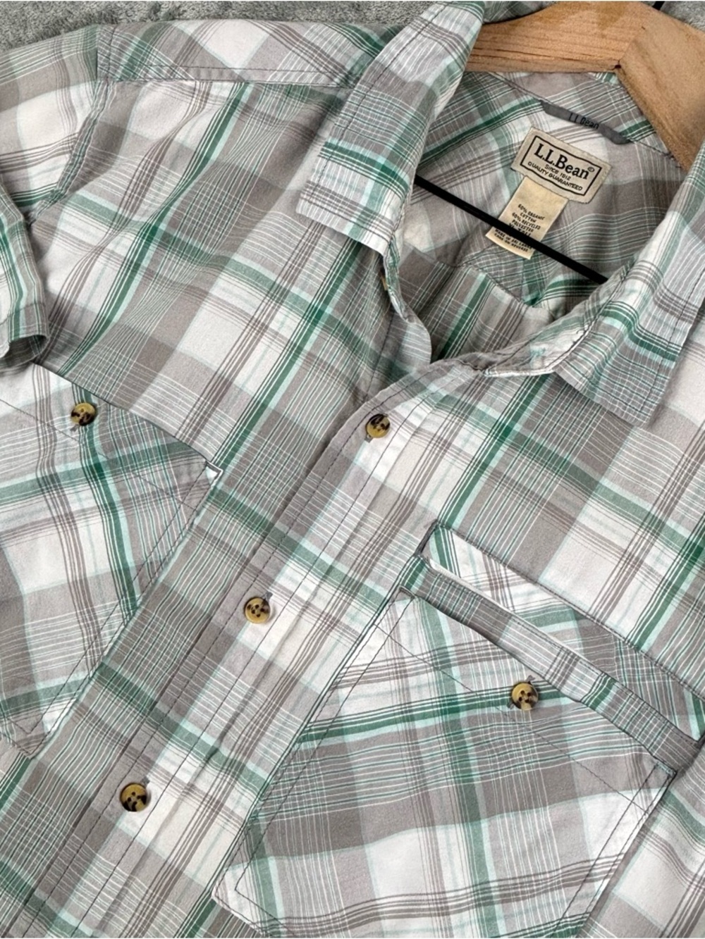 LL Bean Shirt Mens XLT Tall Gray Plaid Short Sleeve Work Pockets‎ Organic Cotton